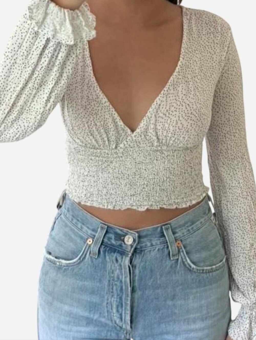 UO Long Sleeve White & Black Smocked V-neck Cropped Blouse, Size M